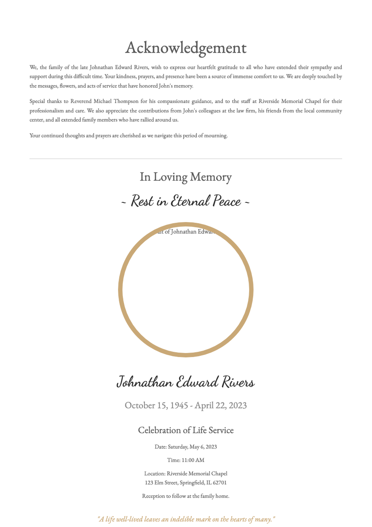 In Loving Memory funeral program with floral design and personal acknowledgment section_variant_2